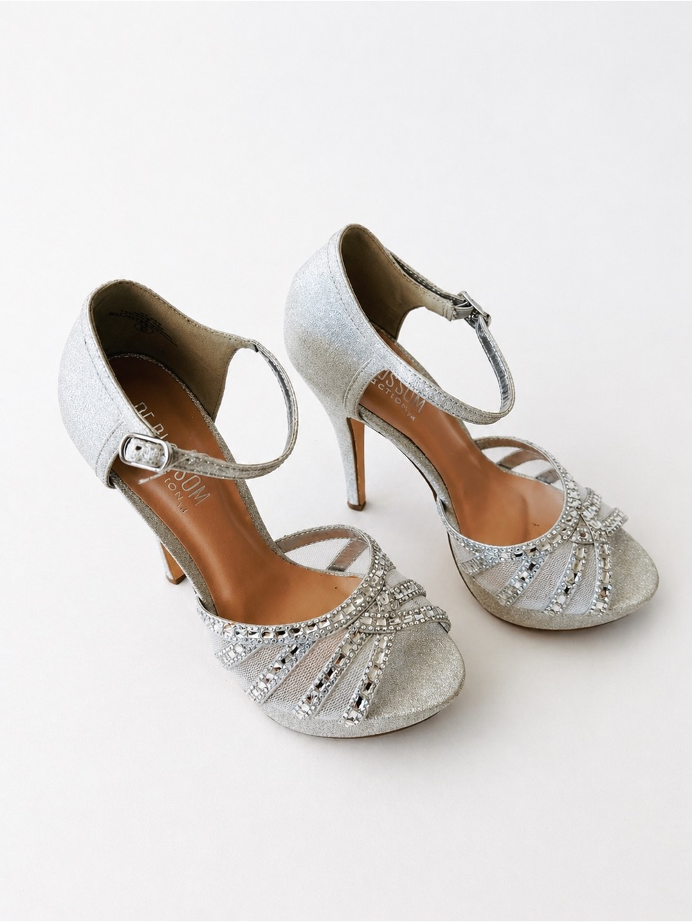 De Blossom Collection Silver Mesh Rhinestone Heels – Size 6